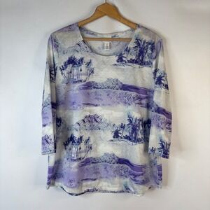 Weekends by Chicos Top Women Size 3 Purple Blue Tropical Landscape 3/4 Sleeve